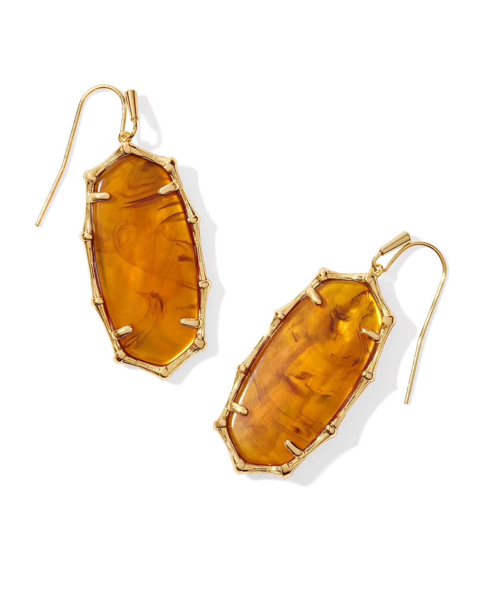 Kendra Scott Elle Bamboo Frame Drop Earrings - Gold Marbled Amber Illusion