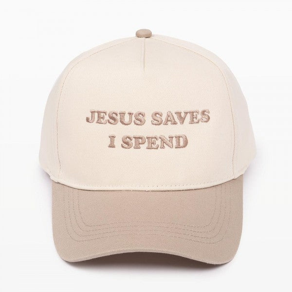 Beige | Jesus Saves I Spend Embroidered Trucker Hat