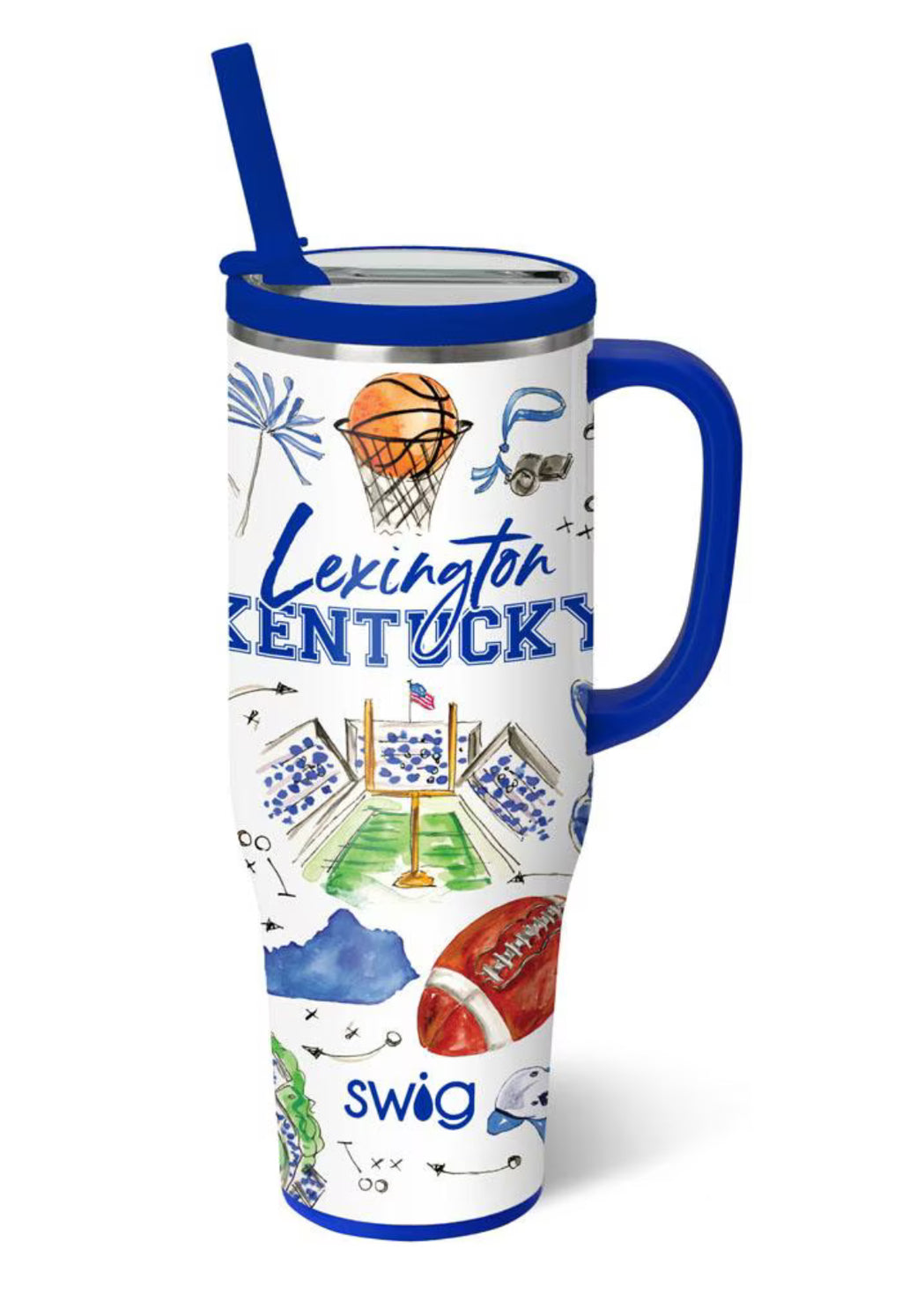 A white insulated travel tumbler with a blue handle and blue straw, decorated with Lexington Kentucky sports-themed illustrations including a basketball, football, stadium, and the words 'Lexington Kentucky' and 'swig'.