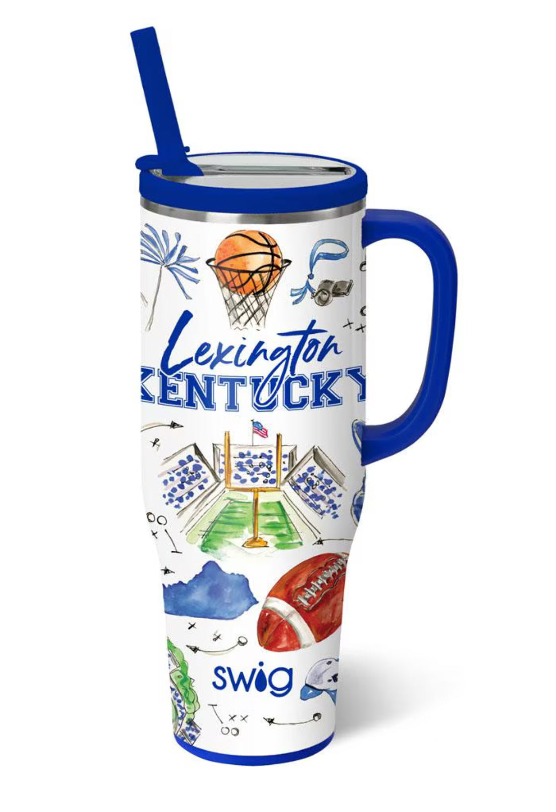 A white insulated travel tumbler with a blue handle and blue straw, decorated with Lexington Kentucky sports-themed illustrations including a basketball, football, stadium, and the words 'Lexington Kentucky' and 'swig'.