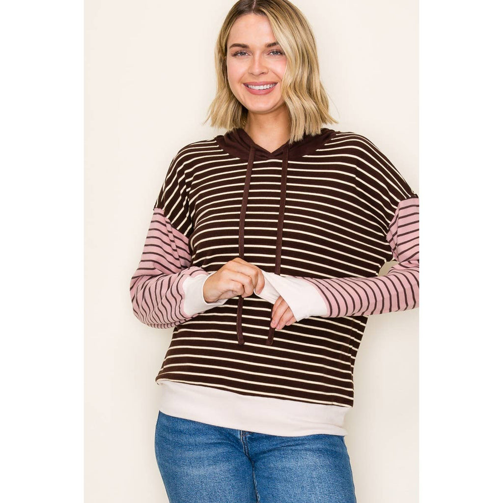 Neutral Colorblock Stripe Hoodie Top