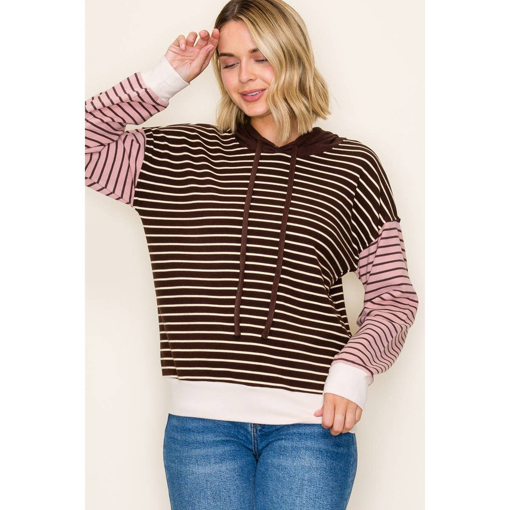 Neutral Colorblock Stripe Hoodie Top