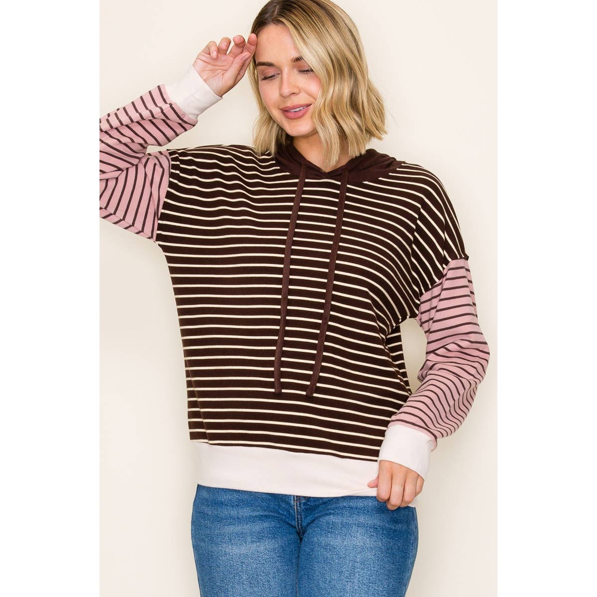 Neutral Colorblock Stripe Hoodie Top