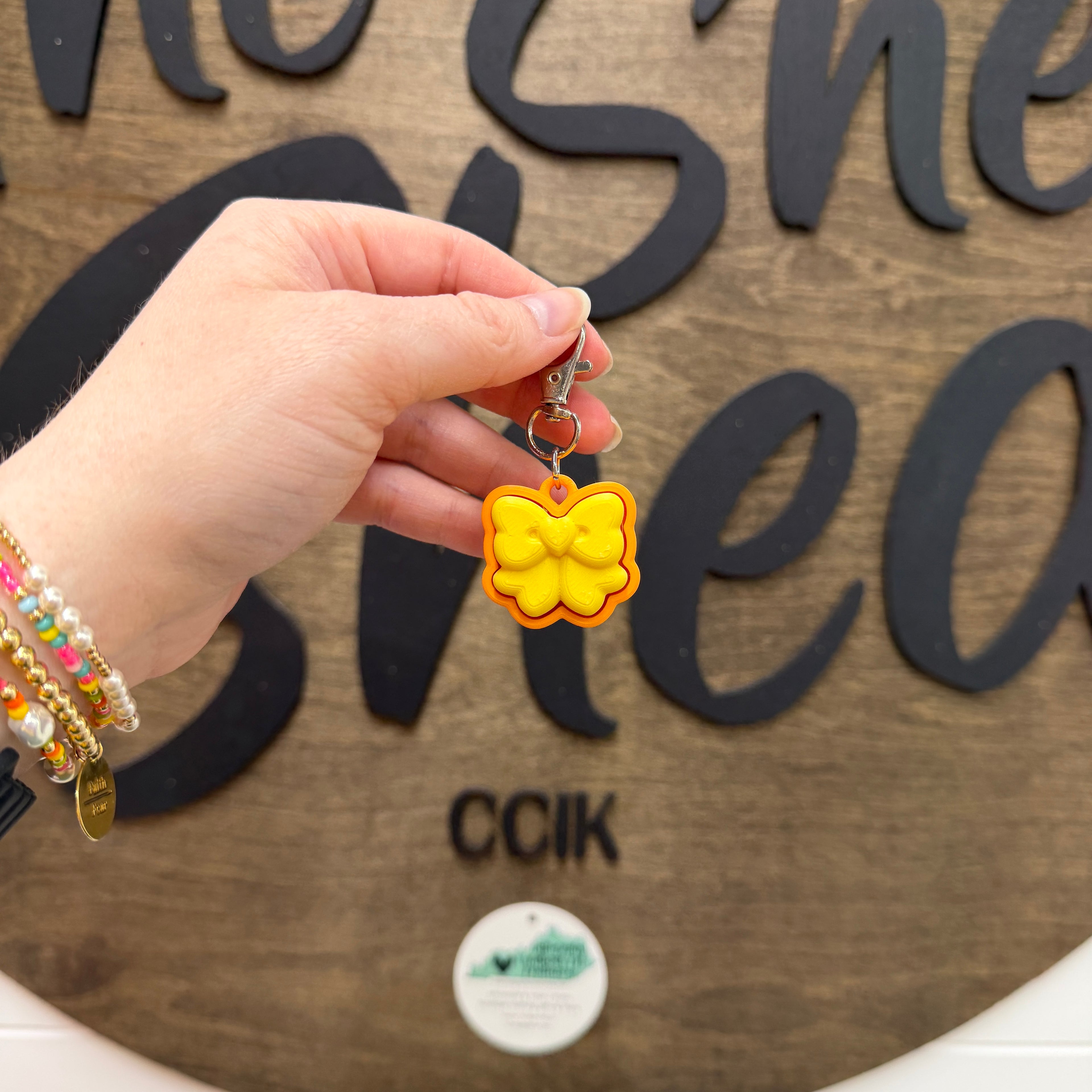 Lemon Yellow/Mandarin Orange Bow Fidget Clicker Keychain