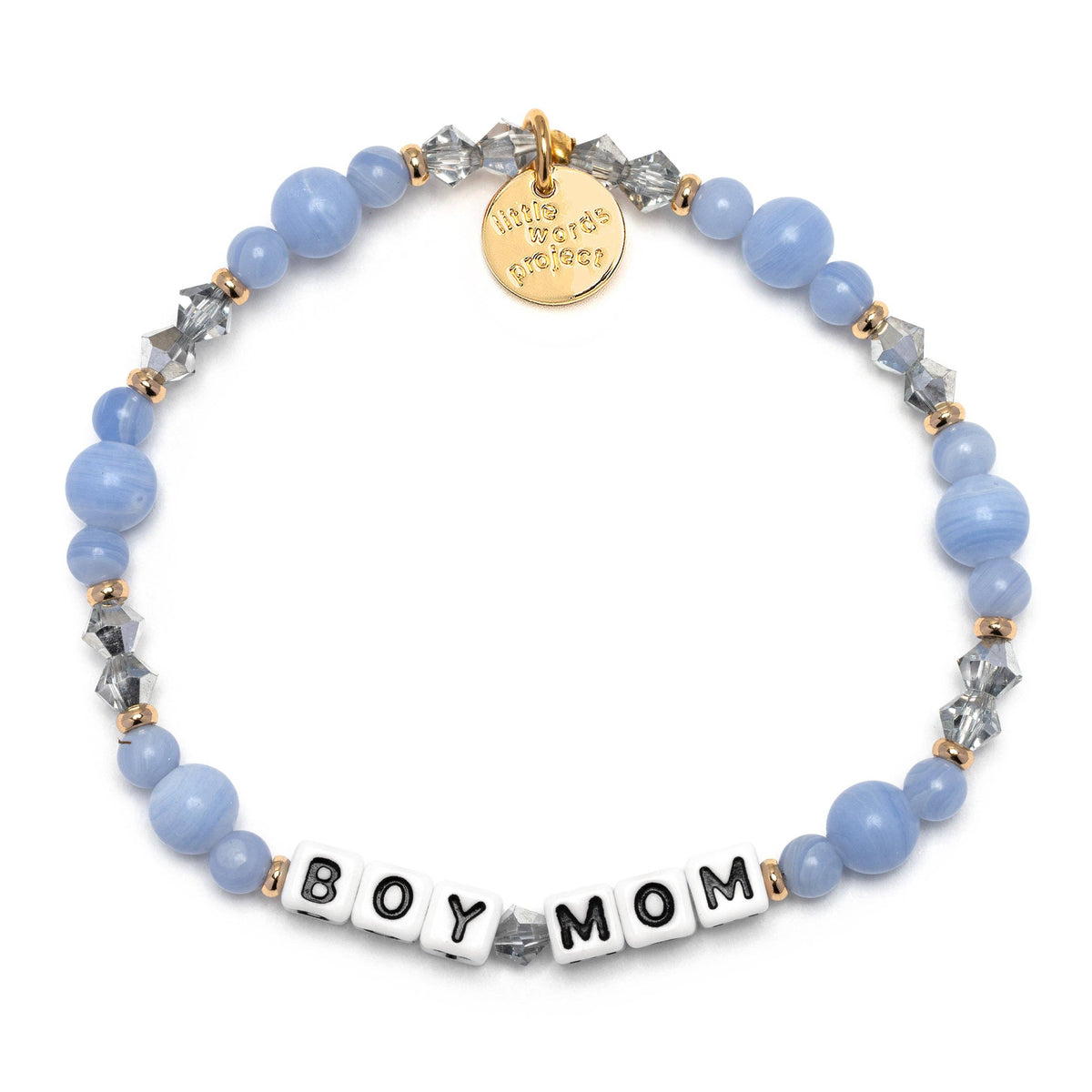 Bracelet with blue beads and 'BOY MOM' charm on a white background