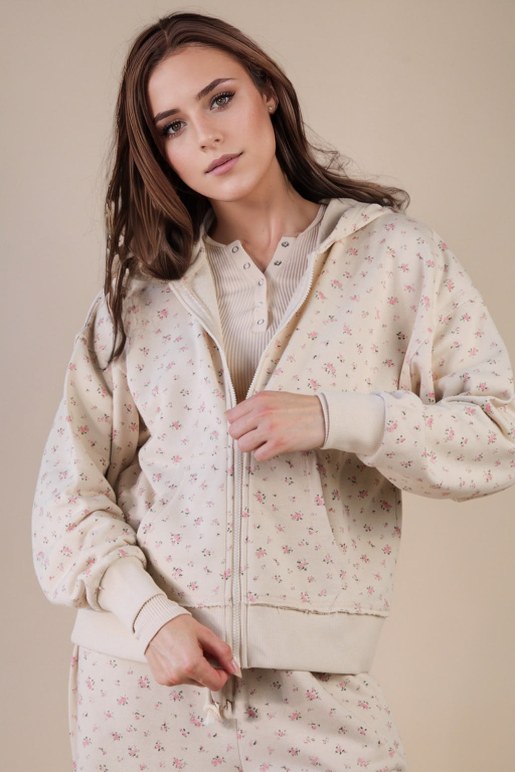 Cream Floral • Zip Up Hoodie/Jacket