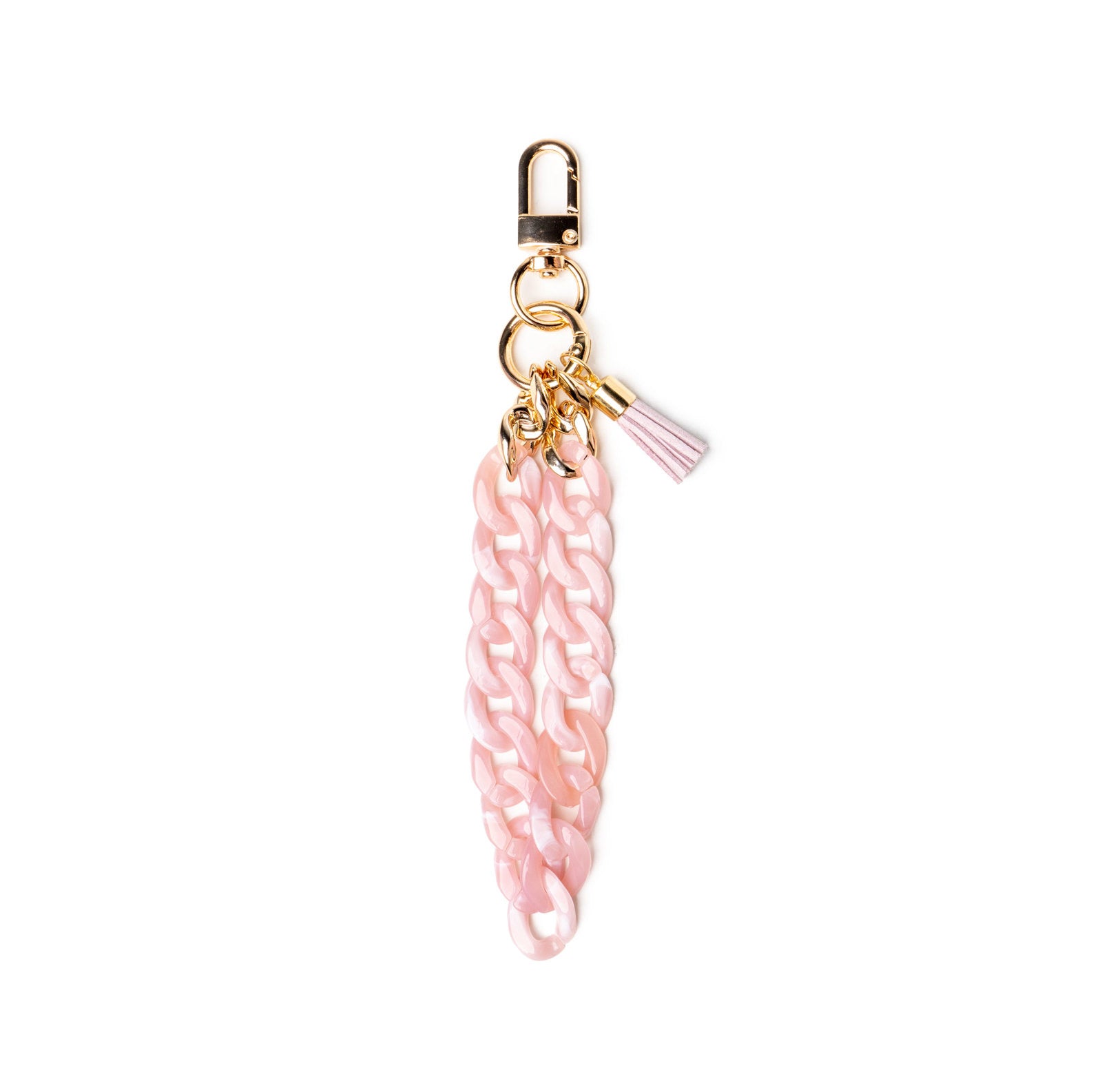 Pink keychain with gold clasp on white background