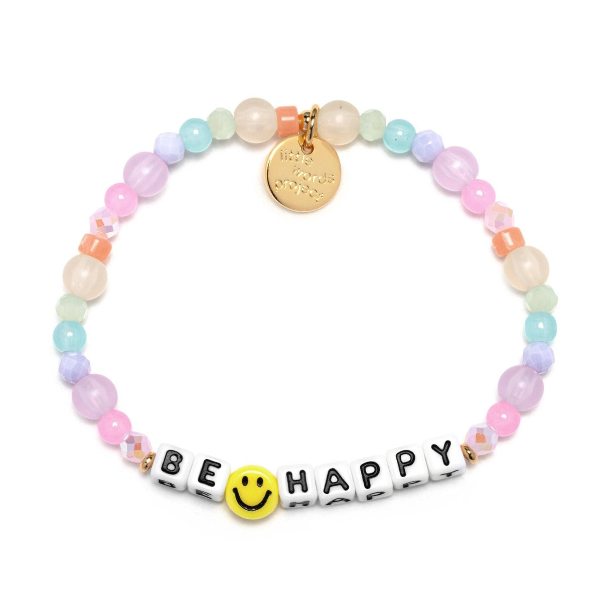Colorful beaded bracelet with 'BE HAPPY' and a happy face bead and gold charm on a white background