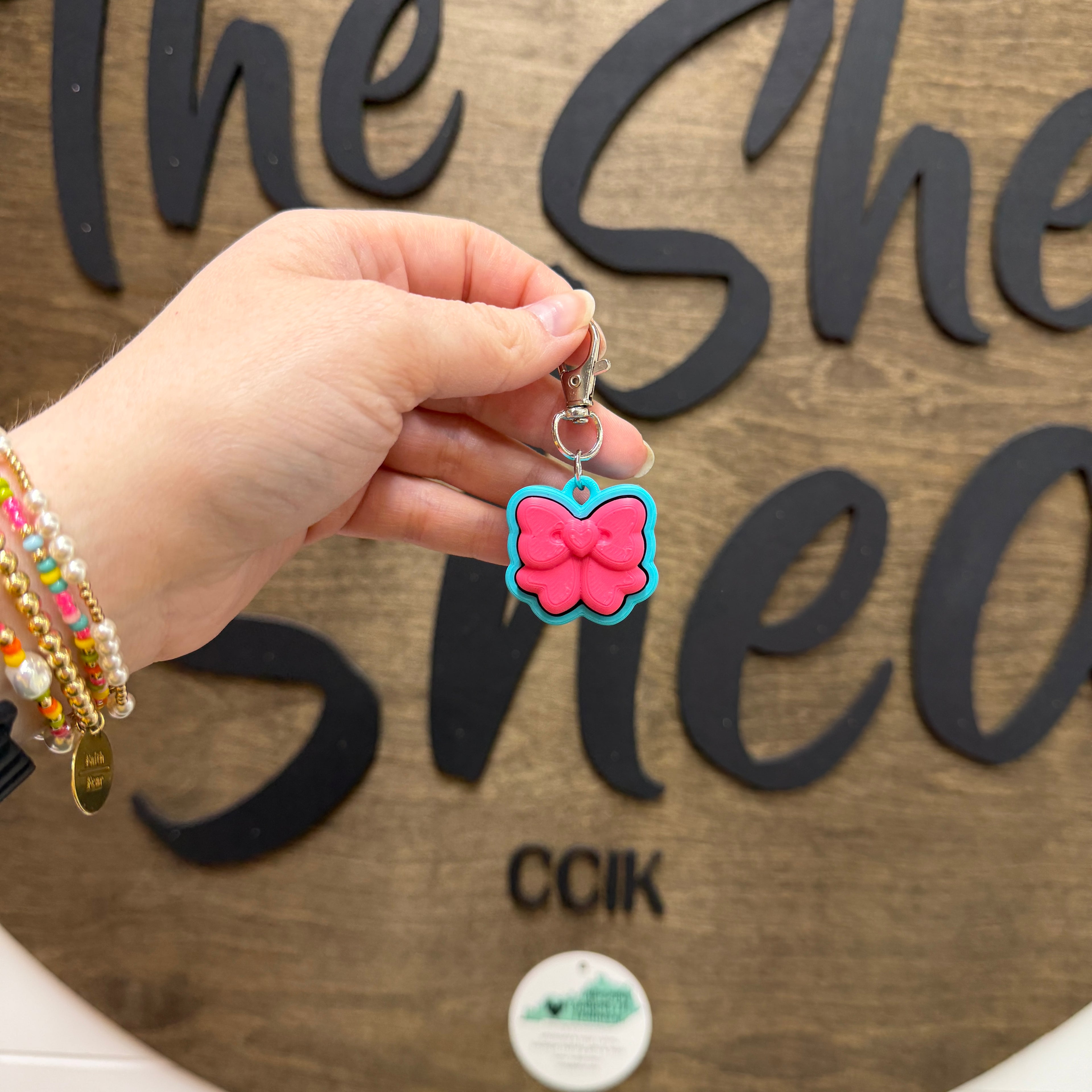 Hot Pink/Turquoise Bow Fidget Clicker Keychain