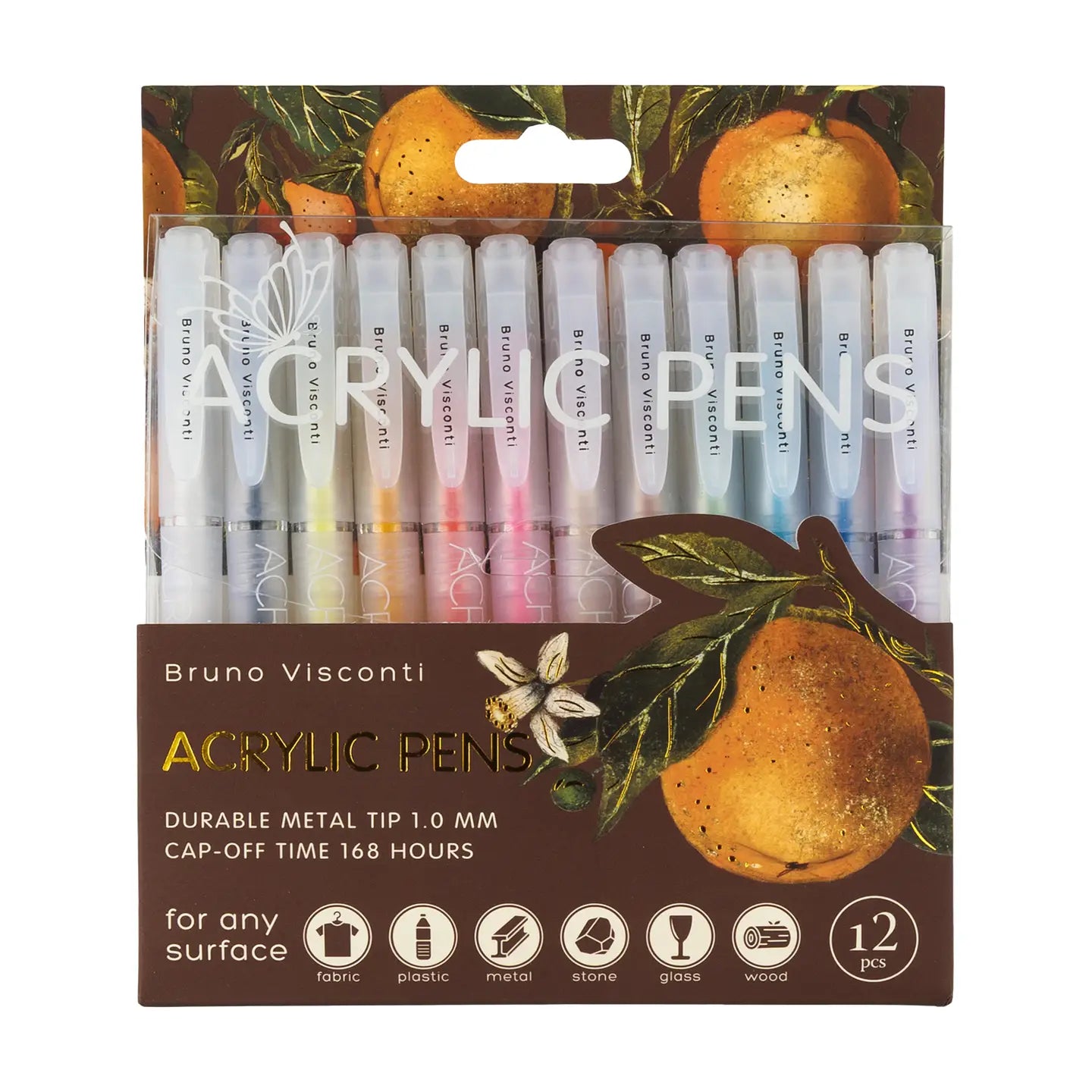 Packaging of Bruno Visconti acrylic pens with oranges and flowers on a brown background
