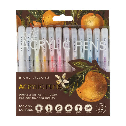 Packaging of Bruno Visconti acrylic pens with oranges and flowers on a brown background