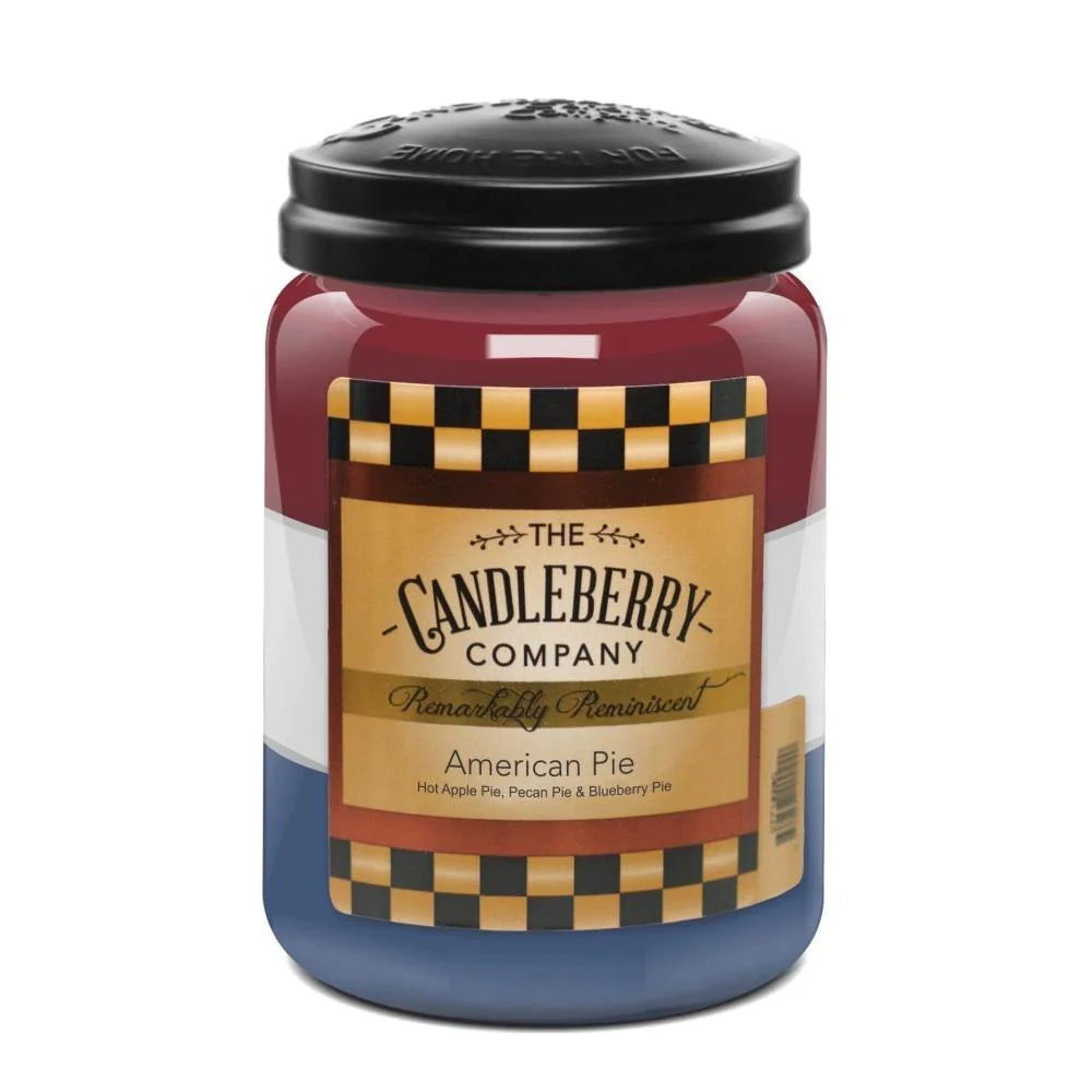 A large jar of The Candleberry Company American Pie scented candle, with a red, white, and blue checkered pattern label.