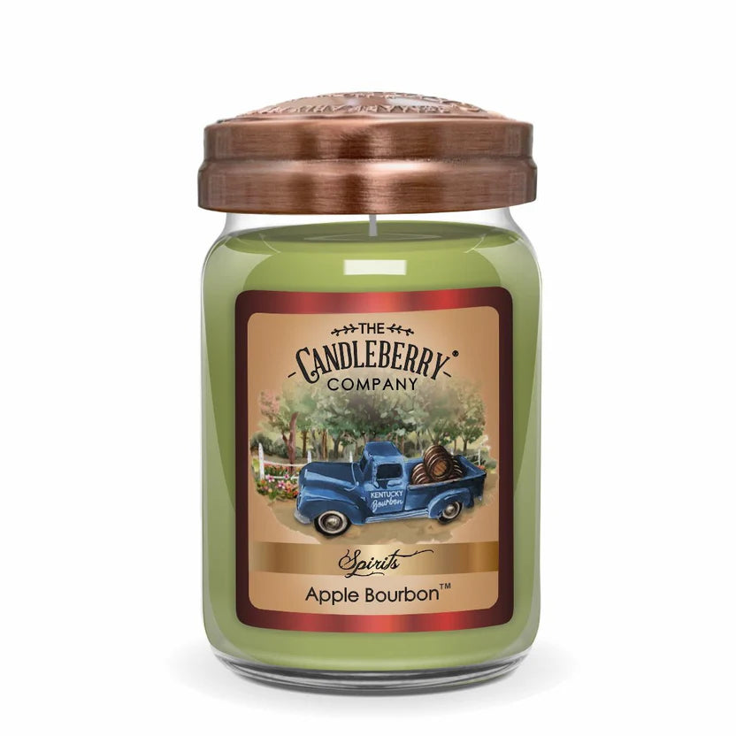 A green jar candle with a brown lid, labeled 'Apple Bourbon' from The Candleberry Company.