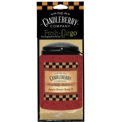 A packaged Candleberry Fresh CarGo car scent with a label reading 'Apple Brown Betty' and a checkered pattern.