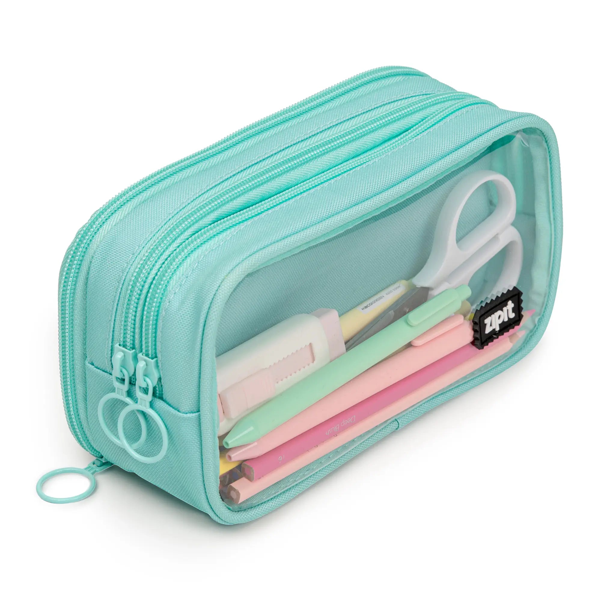 Aqua pencil case with stationery items on a white background