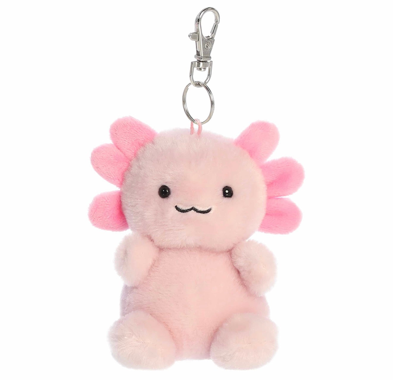 A pink plush axolotl keychain charm with a silver metal clasp, shown against a plain white background.