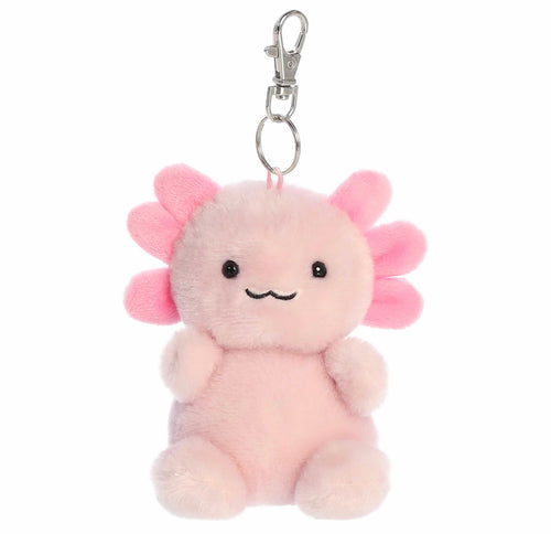 A pink plush axolotl keychain charm with a silver metal clasp, shown against a plain white background.