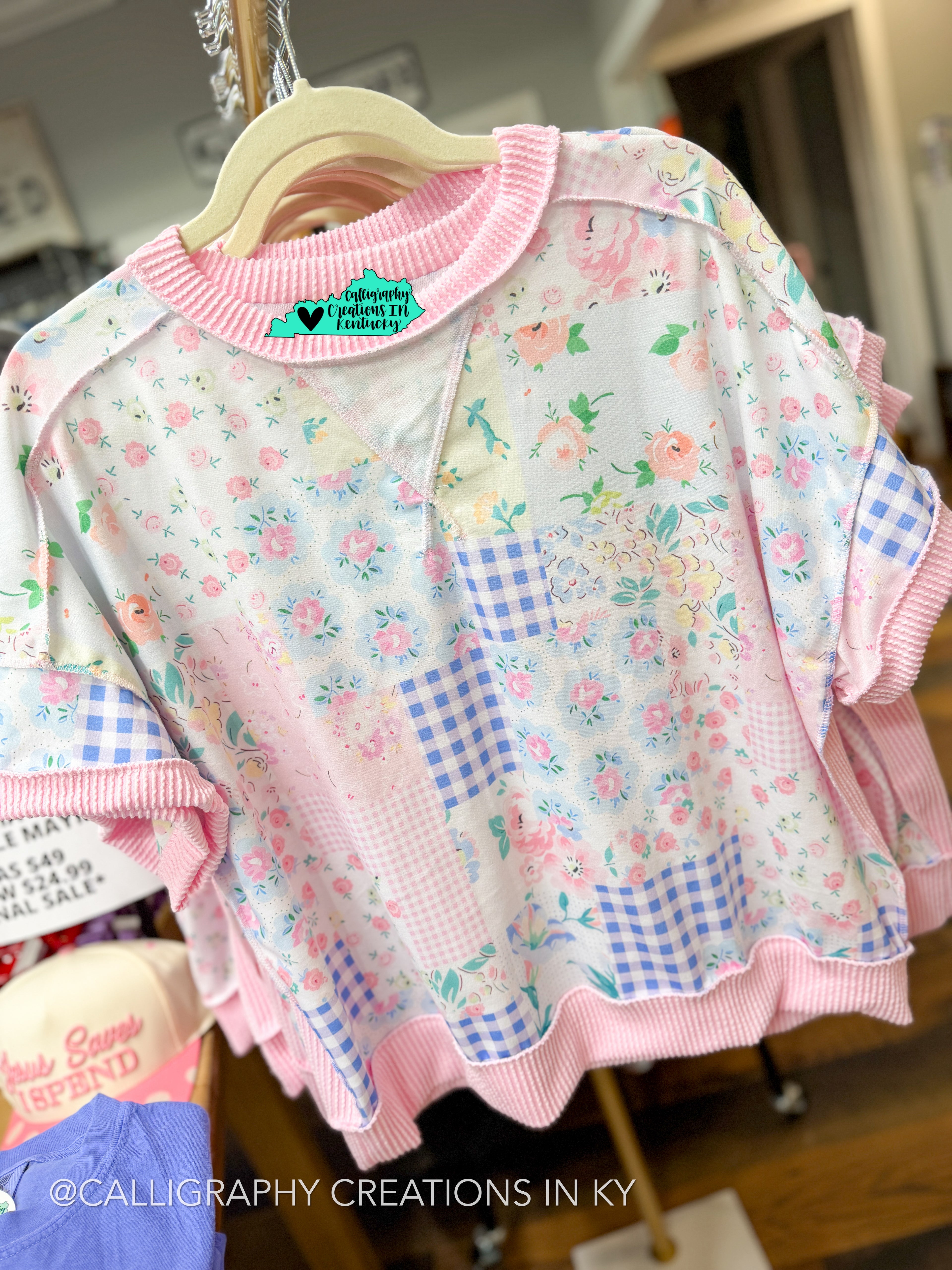 Blue/Blush Floral Patchwork Top