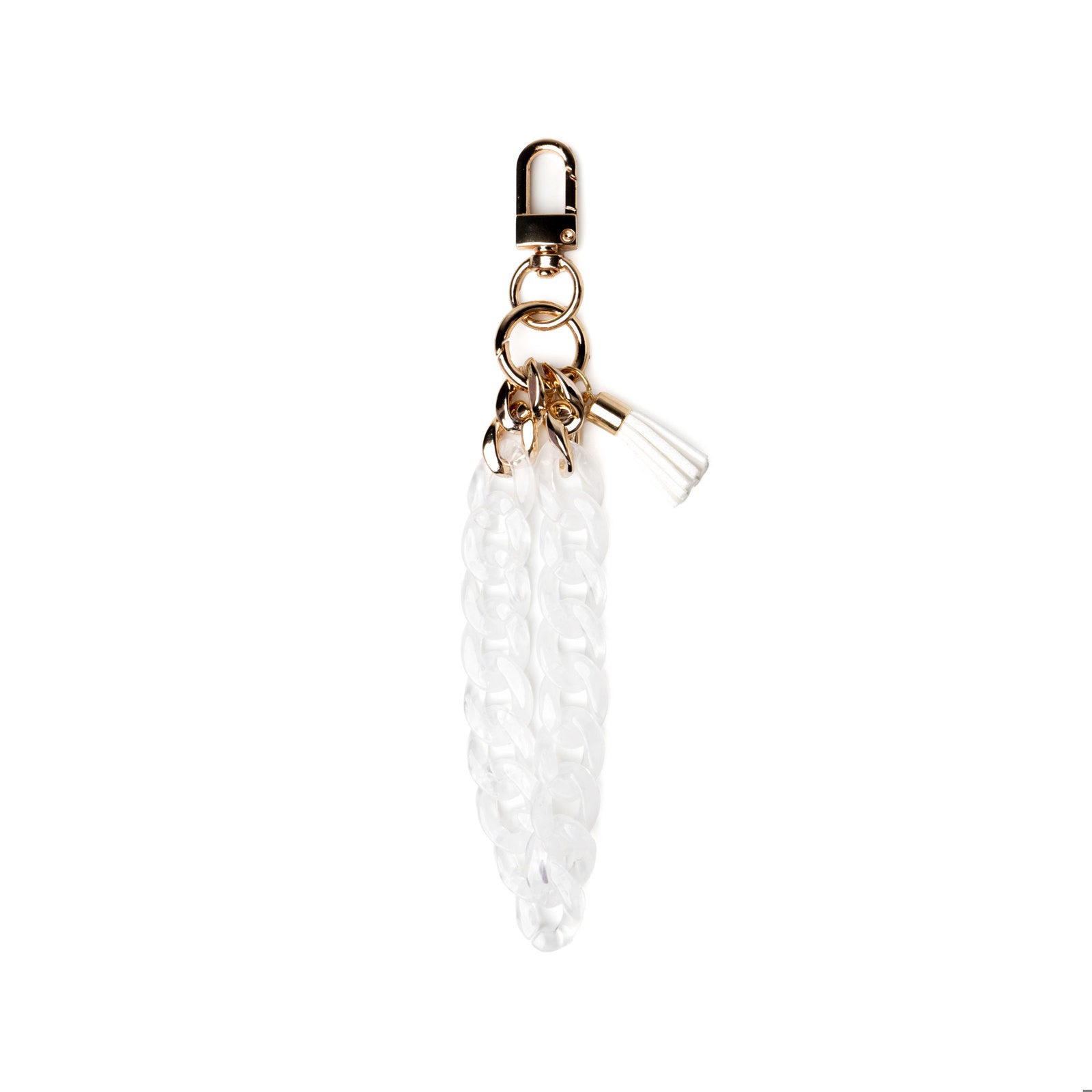 White keychain with a gold clasp on white background