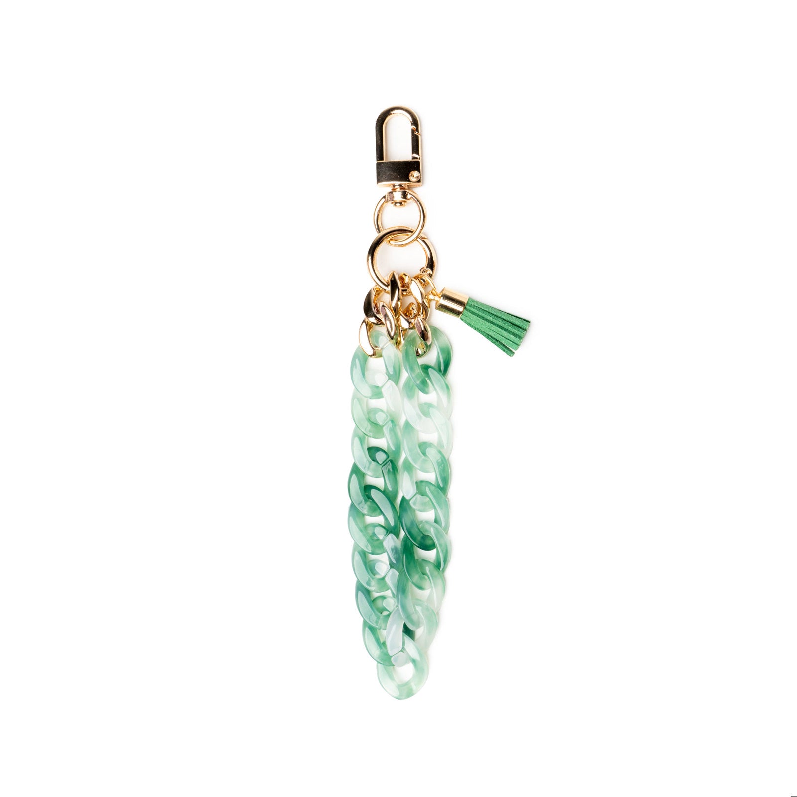 Green keychain with a gold clasp on white background
