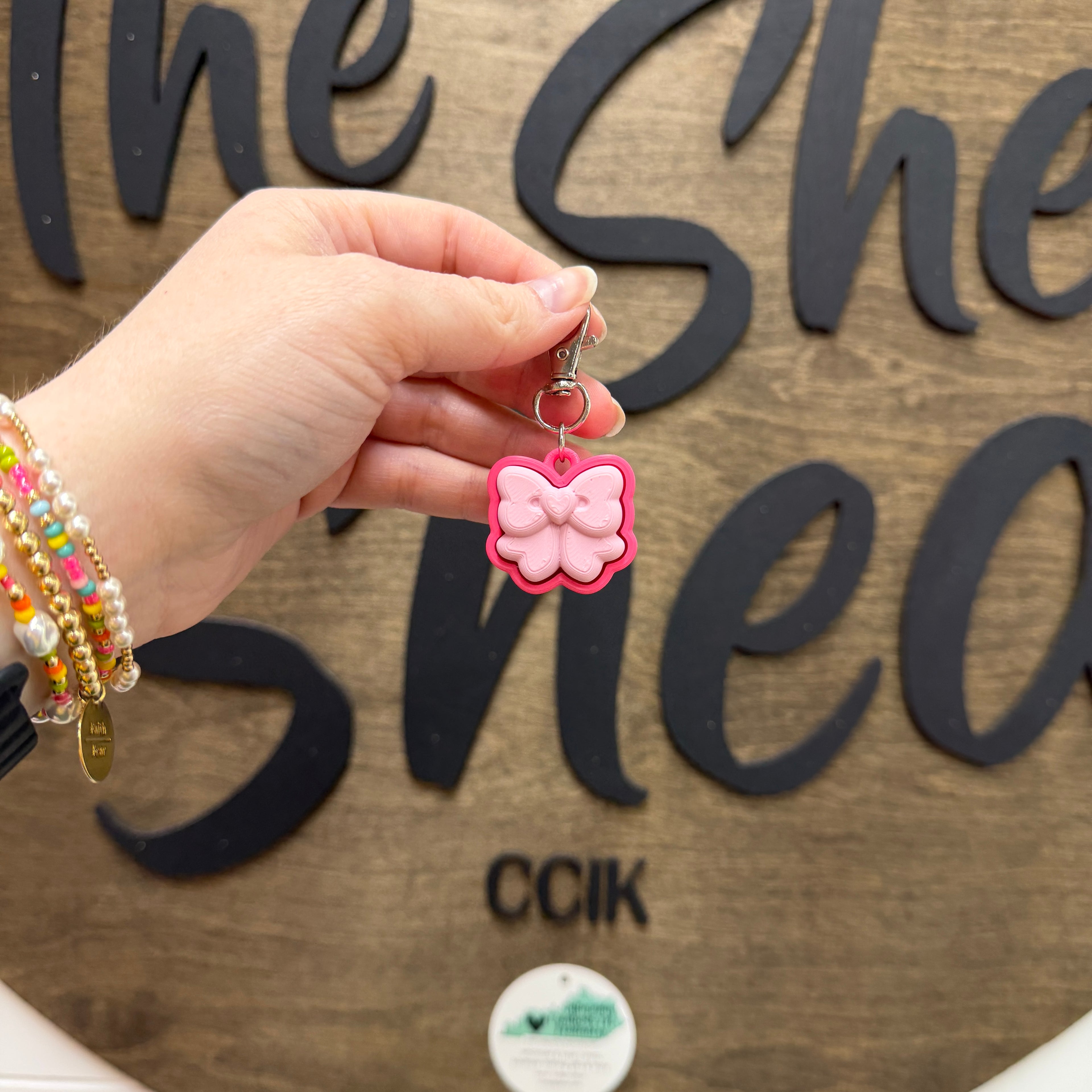 Light Pink/Hot Pink Bow Fidget Clicker Keychain