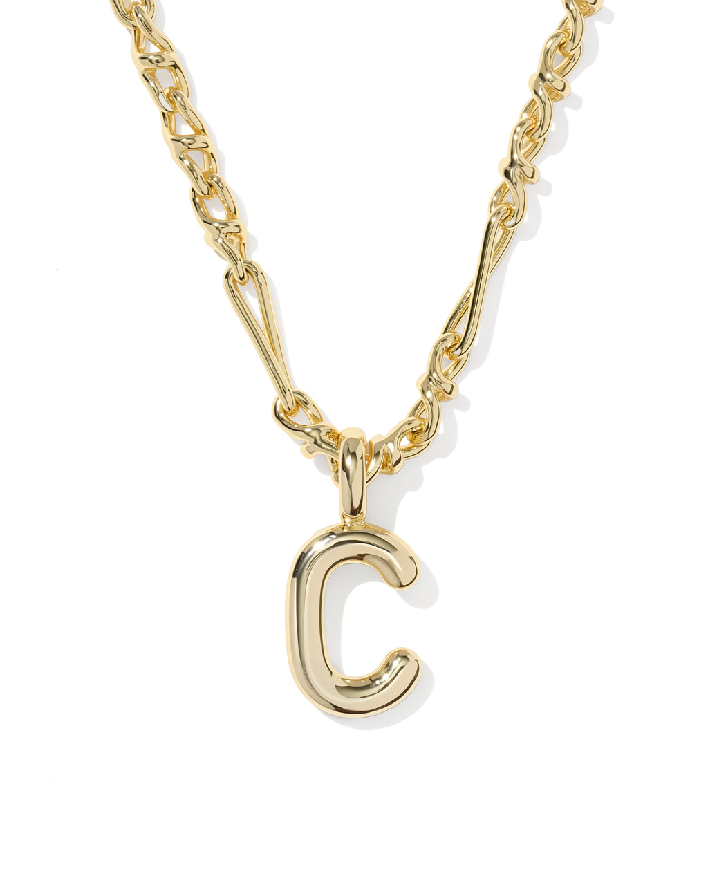 A gold initial necklace featuring a polished letter 'C' pendant on a matching chain, shown against a plain white background.