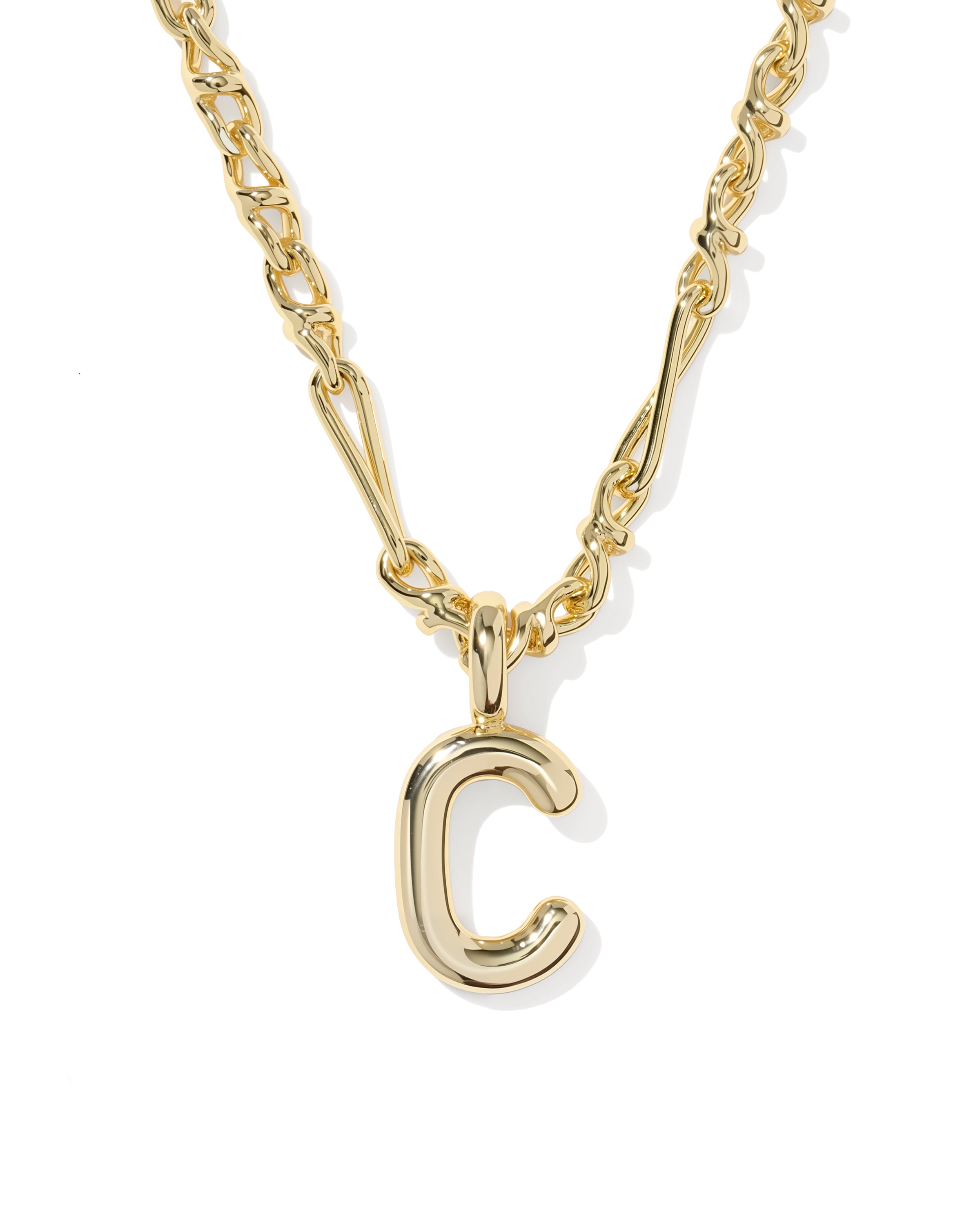 A gold initial necklace featuring a polished letter 'C' pendant on a matching chain, shown against a plain white background.