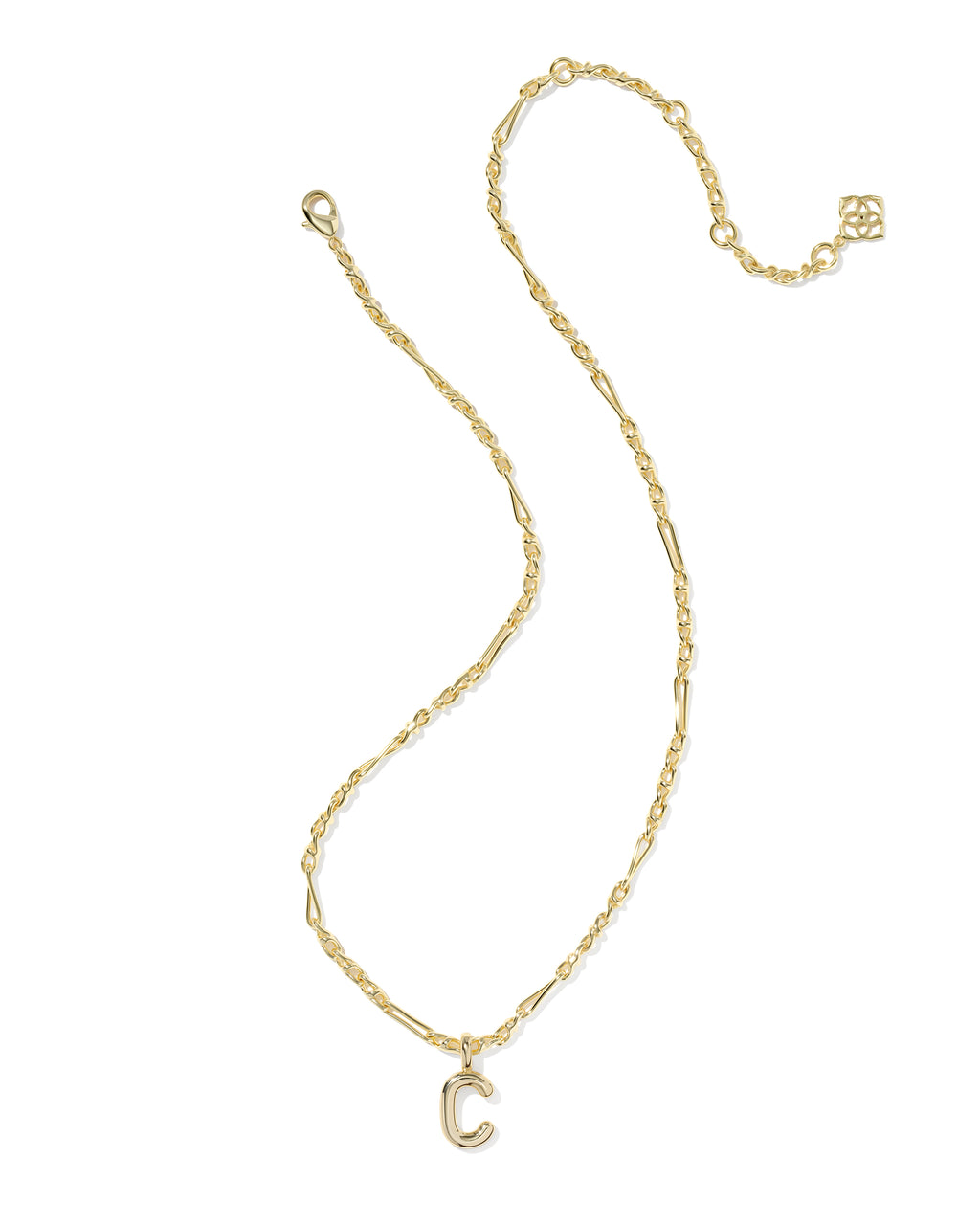 Gold necklace with a 'C' pendant on a white background