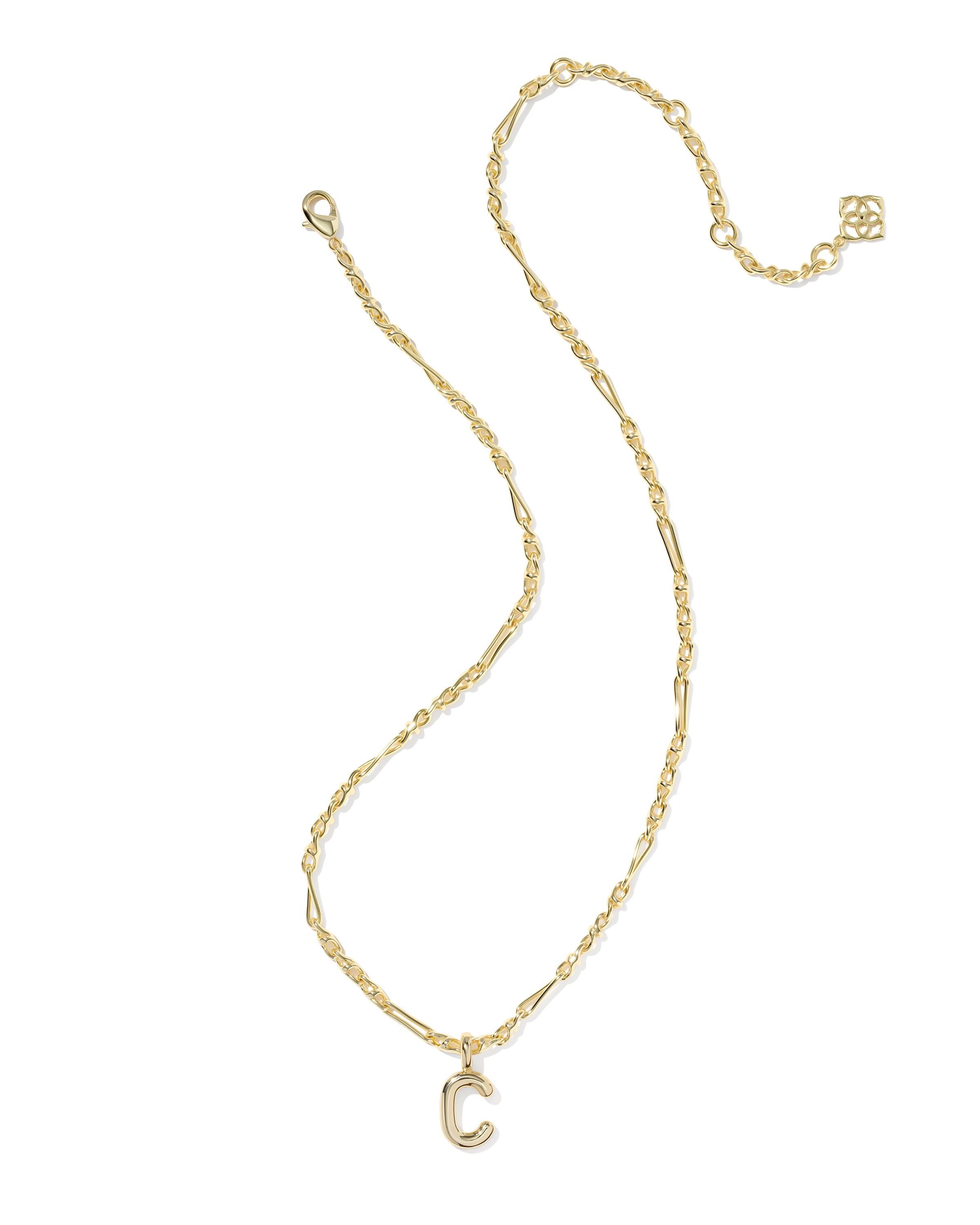Gold necklace with a 'C' pendant on a white background