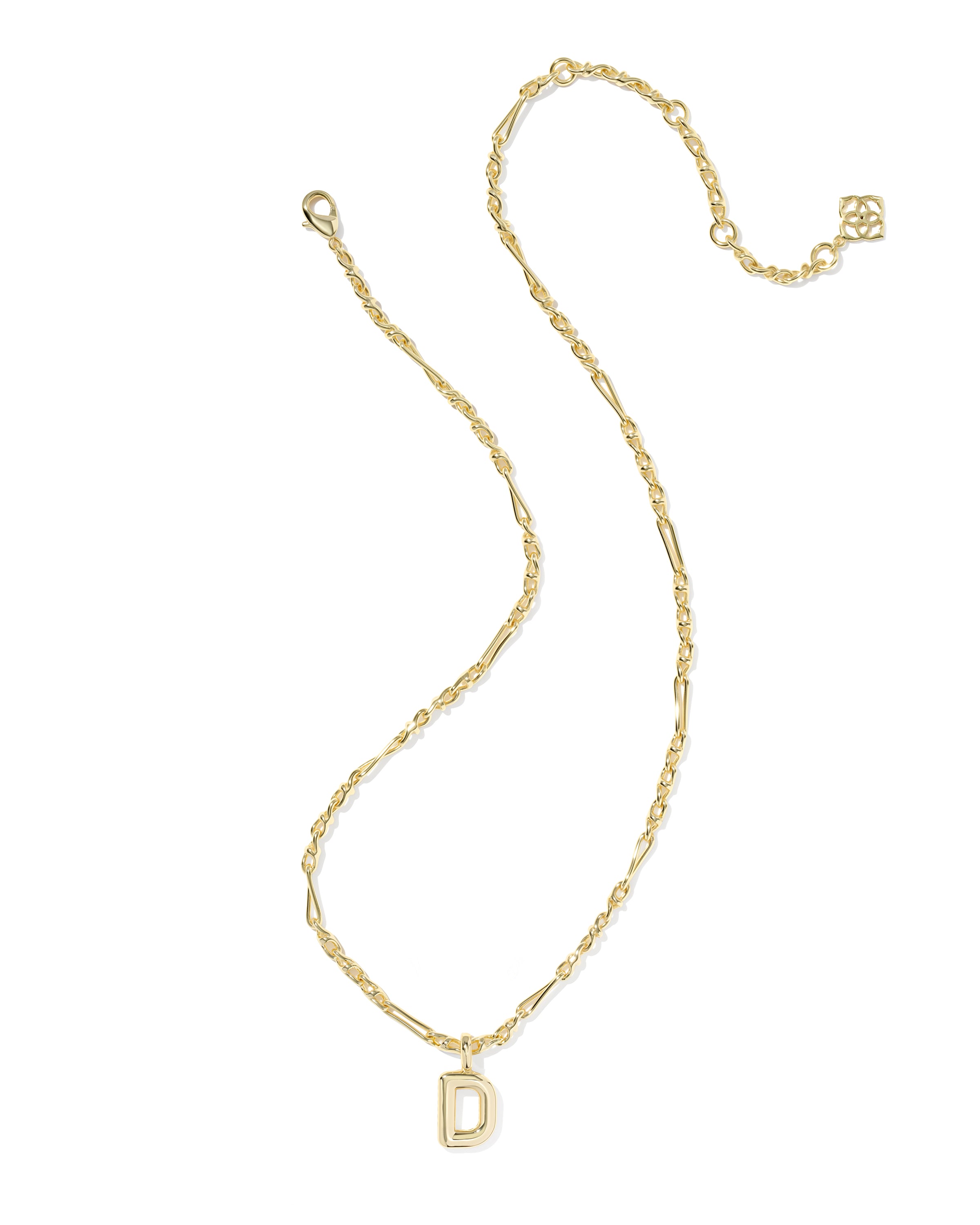 Gold necklace with a letter 'G' pendant on a white background