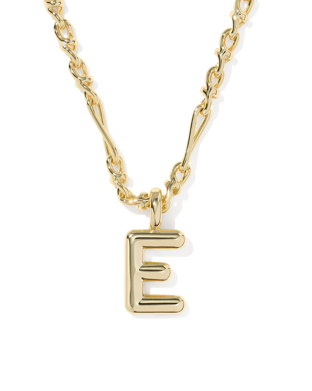 A gold initial necklace featuring a polished capital letter 'E' pendant on a matching chain, shown against a plain white background.