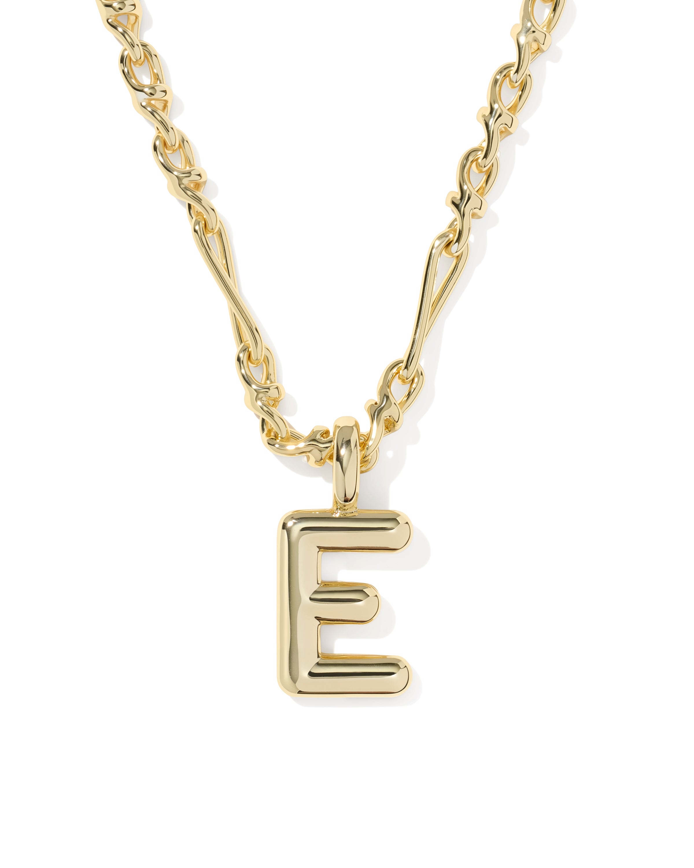 A gold initial necklace featuring a polished capital letter 'E' pendant on a matching chain, shown against a plain white background.