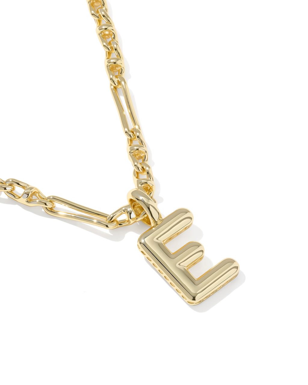 A gold initial necklace featuring a chunky letter 'E' pendant on a gold chain, shown against a plain white background.