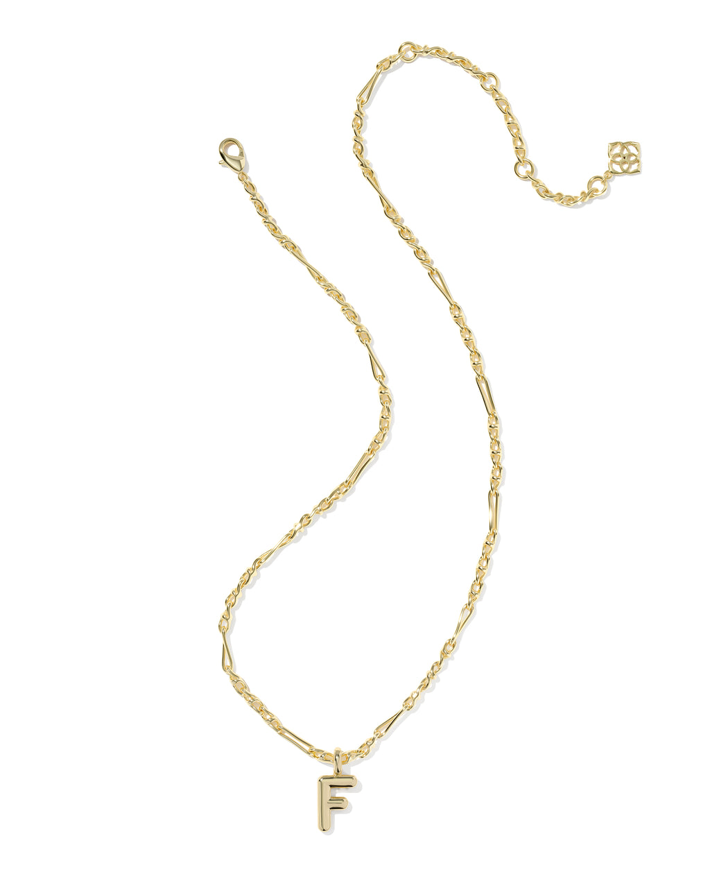 Gold necklace with a letter 'G' pendant on a white background