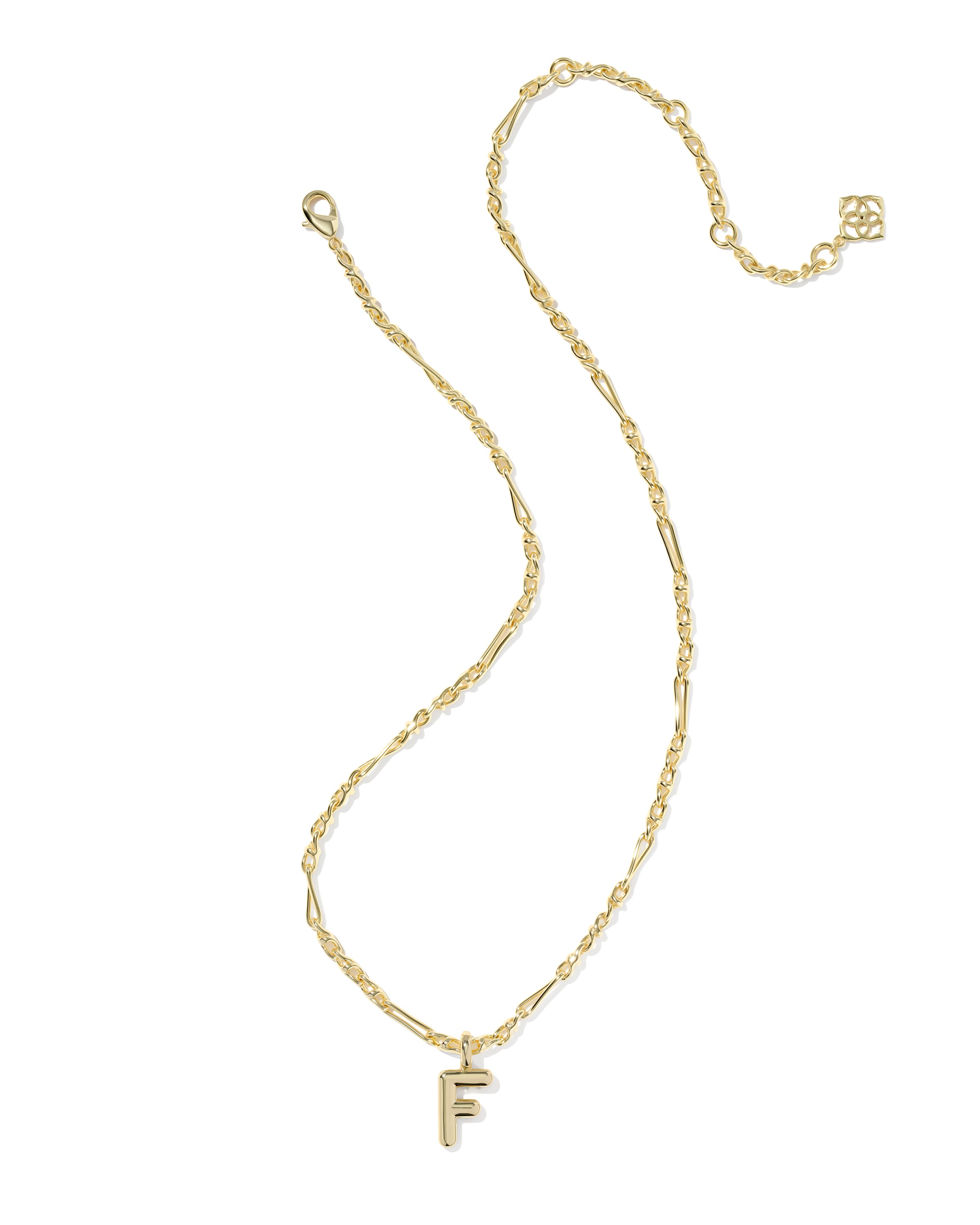 Gold necklace with a letter 'G' pendant on a white background