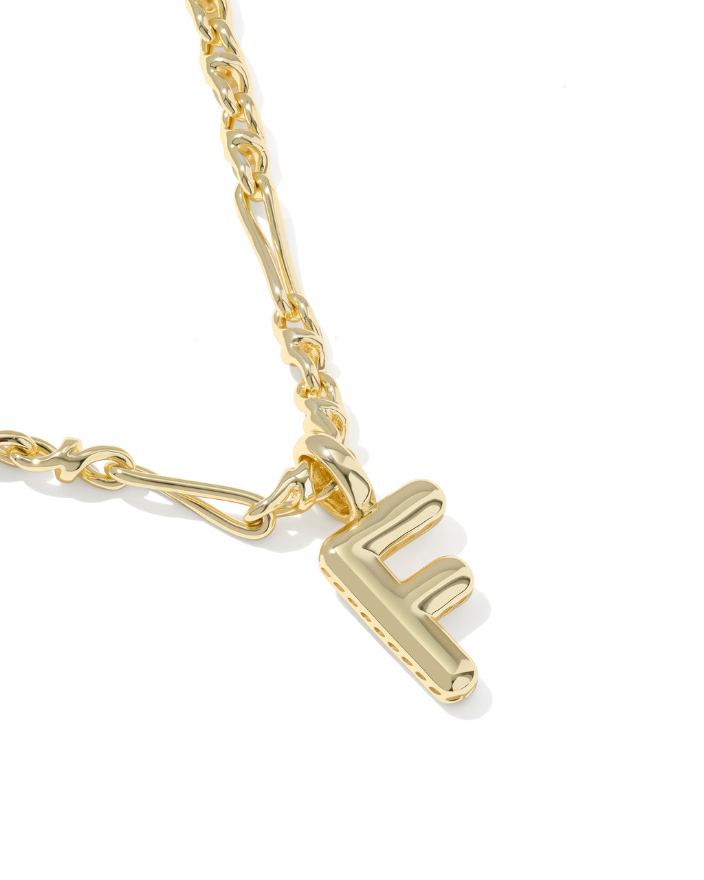 Gold necklace with a letter 'F' pendant on a white background