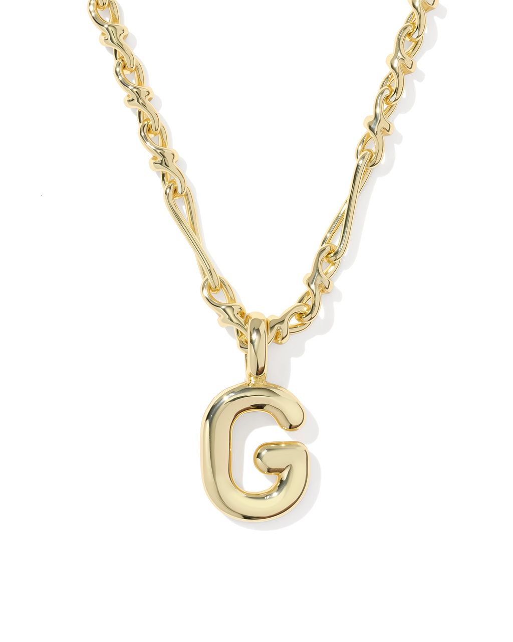 Gold necklace with a 'G' pendant on a white background