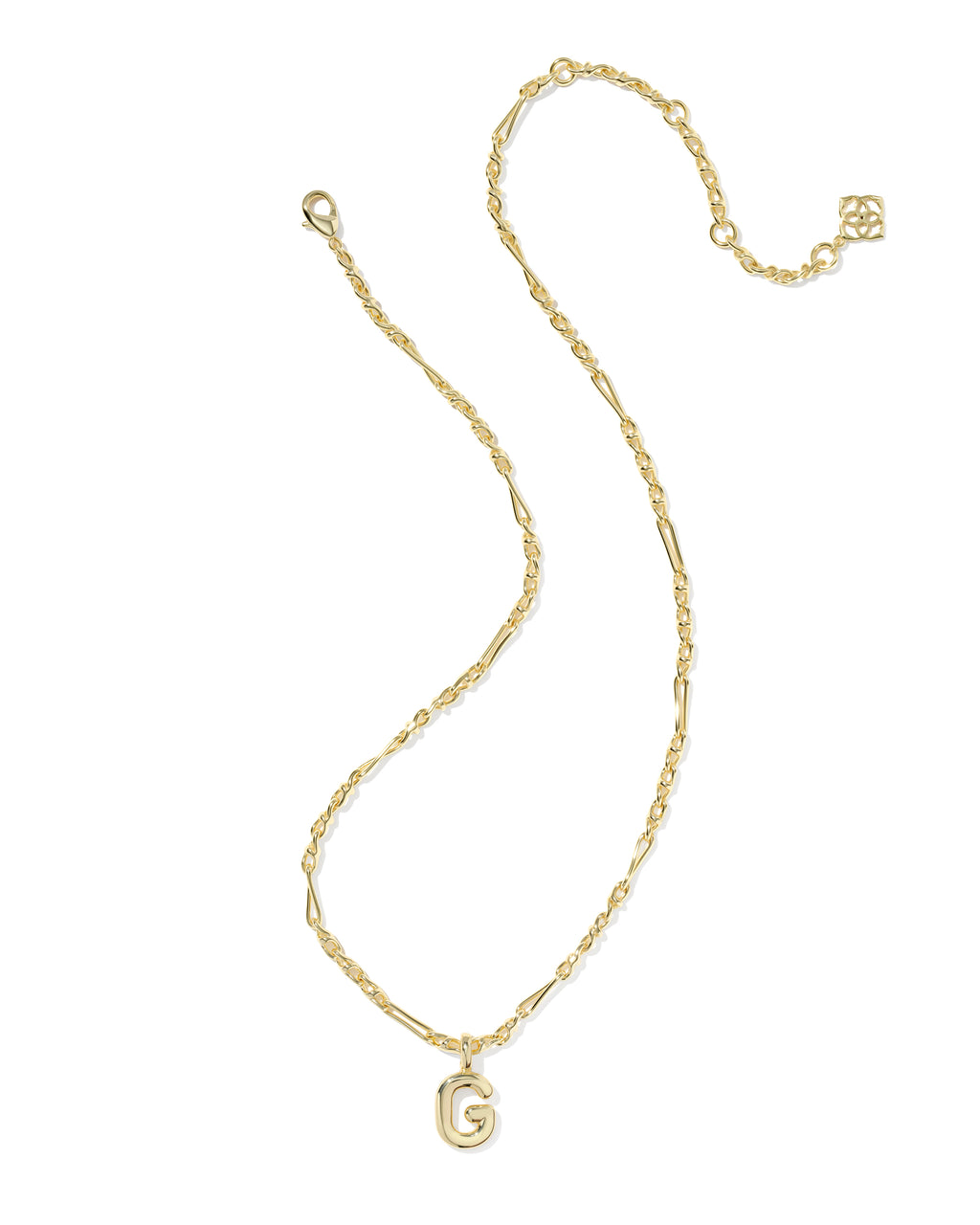 Gold necklace with a letter 'G' pendant on a white background
