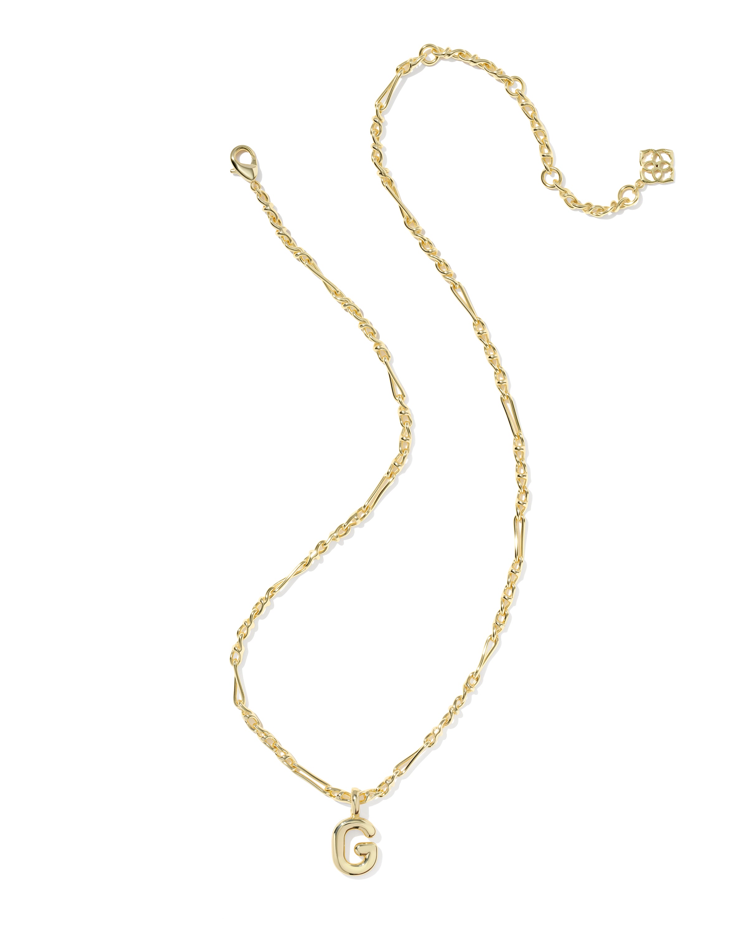 Gold necklace with a letter 'G' pendant on a white background