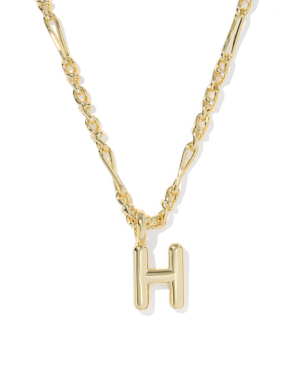 A gold chain necklace featuring a polished, blocky capital letter 'H' pendant, shown against a clean white background.