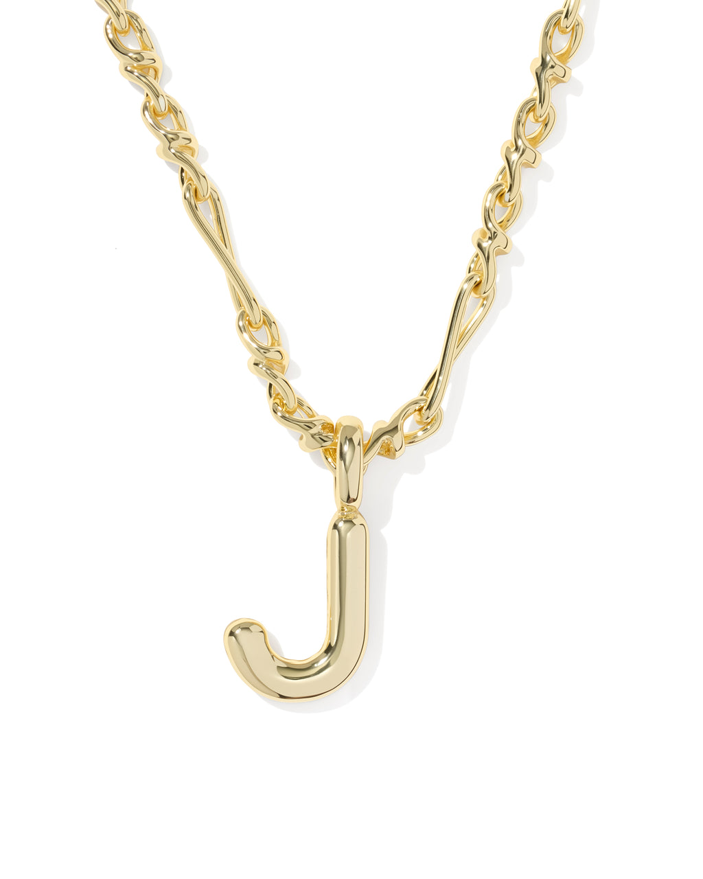 A gold initial necklace featuring a polished letter 'J' pendant on a twisted link chain, shown against a plain white background.