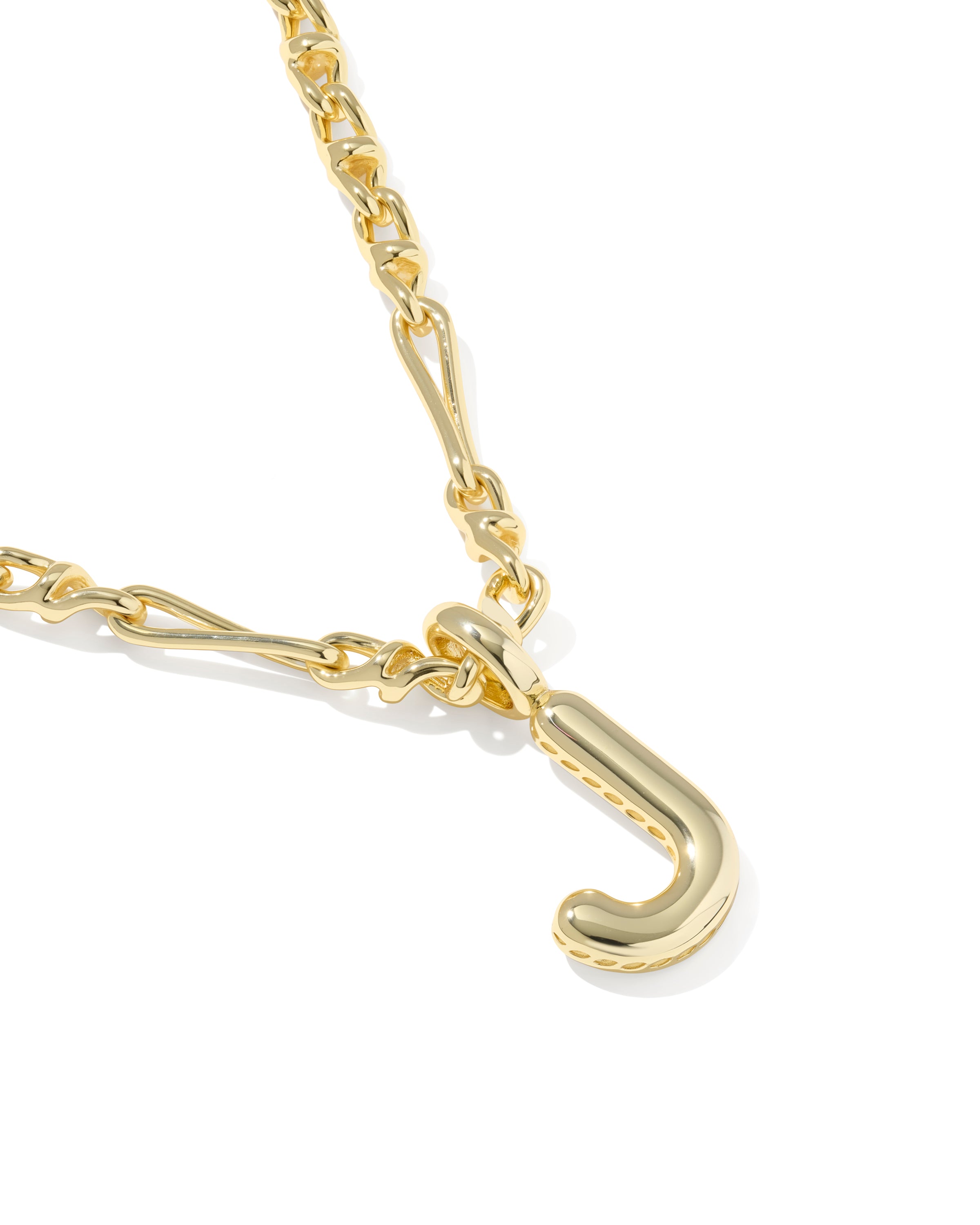 Gold necklace with a unique clasp on a white background