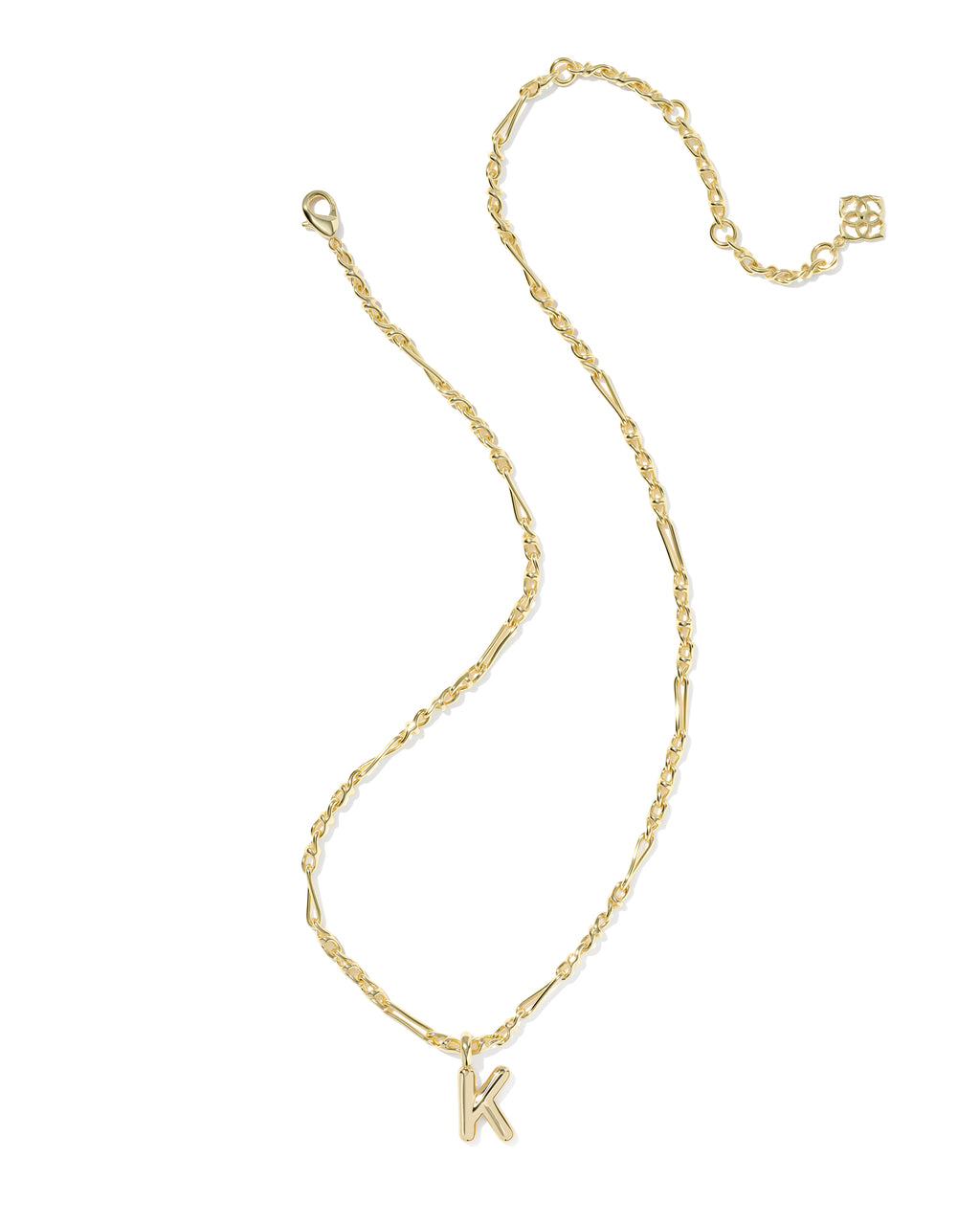 Gold necklace with a 'K' pendant on a white background
