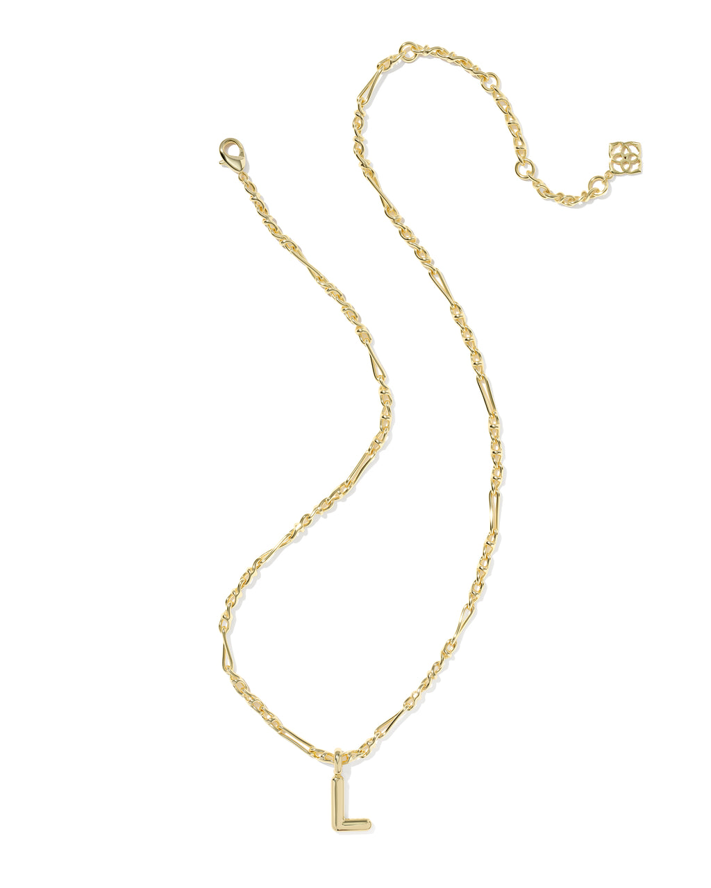 Gold necklace with a 'L' pendant on a white background