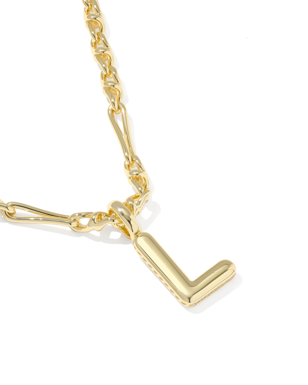 A close-up of a gold chain necklace with a polished letter 'L' initial pendant, shown on a clean white background.