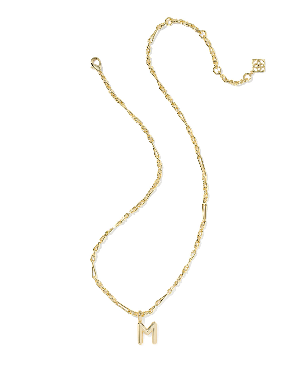 A delicate gold chain necklace featuring a small, polished gold initial pendant 'M' and an adjustable lobster clasp with a branded logo charm, displayed on a clean white background.