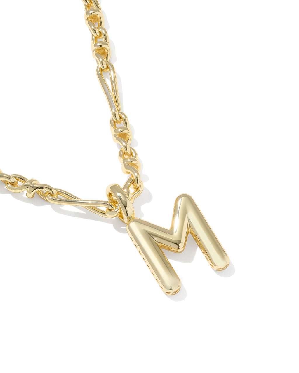 A gold initial necklace featuring a polished letter 'M' pendant on a matching gold chain, shown against a clean white background.