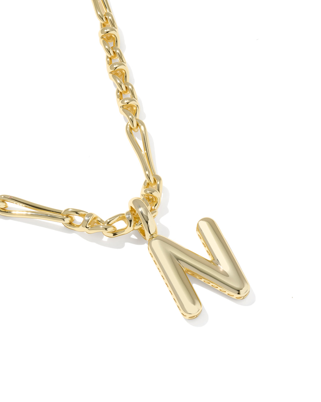 A gold initial necklace featuring a polished letter 'N' pendant on a gold chain, shown against a plain white background.