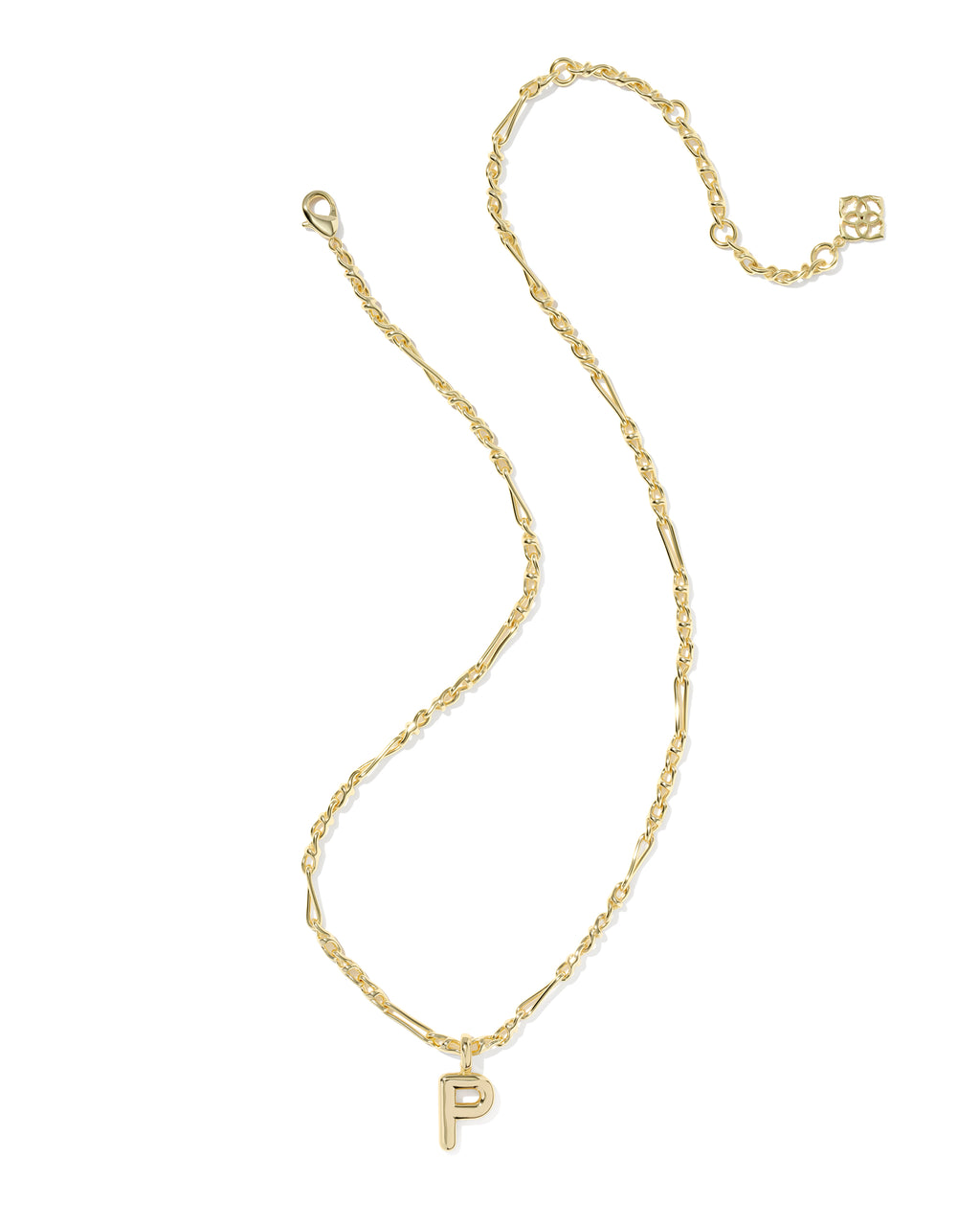 Gold necklace with a letter 'P' pendant on a white background