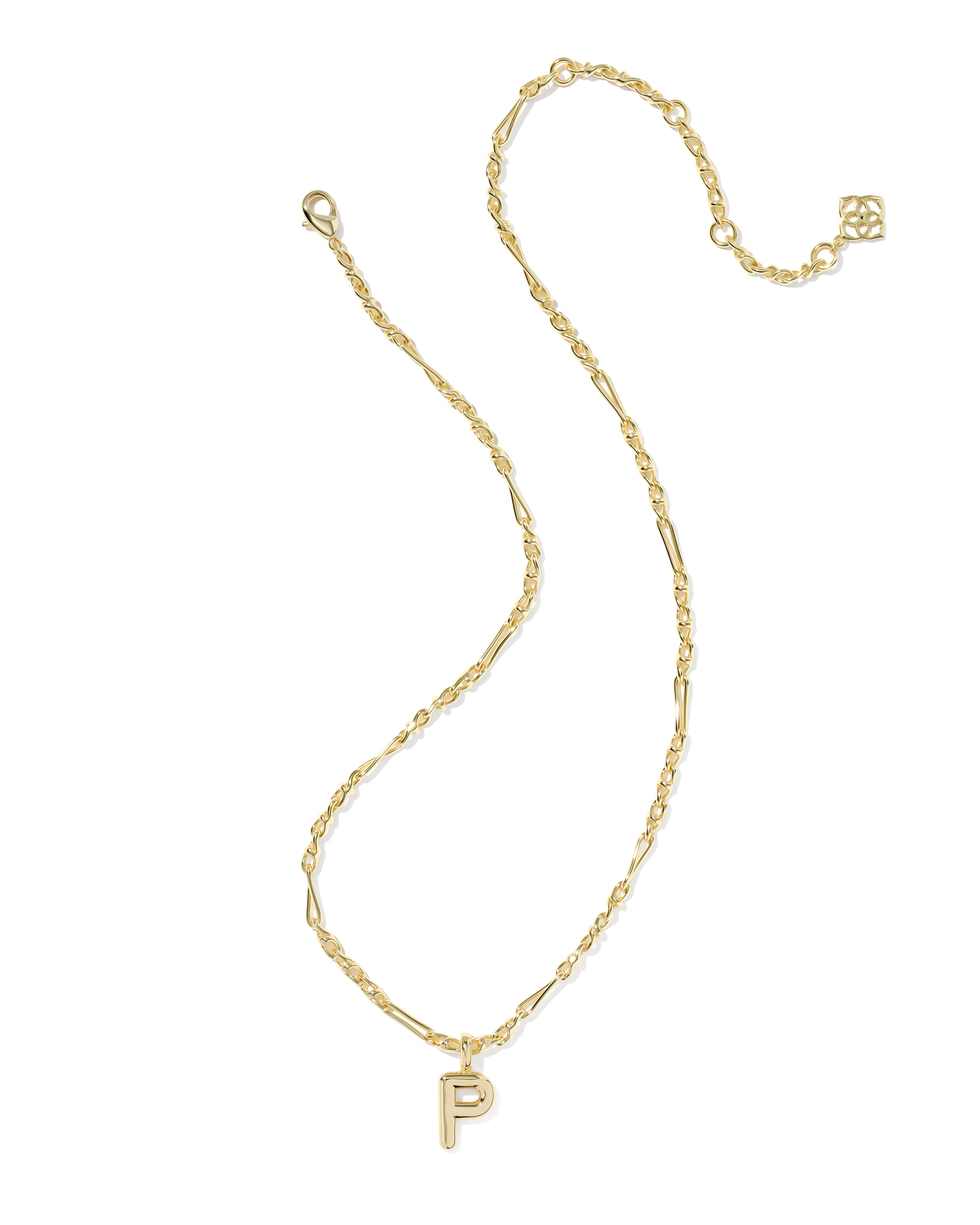 Gold necklace with a letter 'P' pendant on a white background